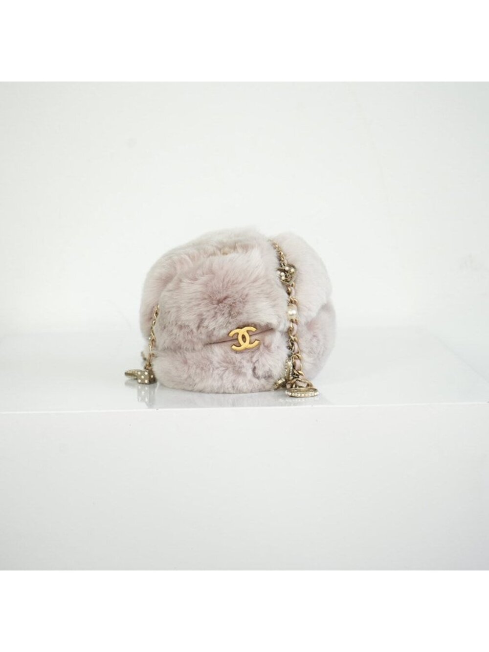 Chanel Purple Rabbit Fur Round Clutch W/Chain and Dust Bag
